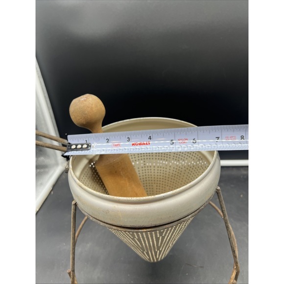 Vintage Aluminum Sieve Strainer 1970s w/ Stand and Wood Masher - Wood Canning - Picture 9 of 10